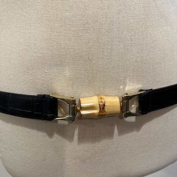 J. McLaughlin Black Leather Croc Embossed Bamboo Gold Hardware Belt Size L - Picture 4 of 5